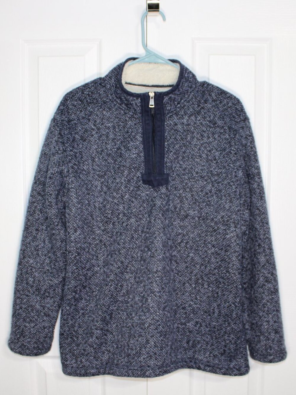 Orvis Mens Blue Textured Knit Quarter-Zip Sherpa Lined Pullover Jacket